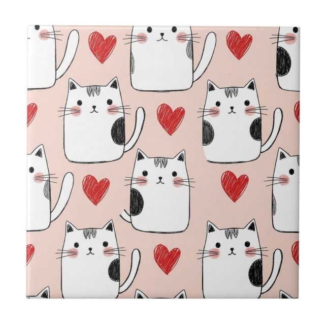 Sweet Pink Kawaii Cats & Hearts Pattern (5) Ceramic Tile (Front)