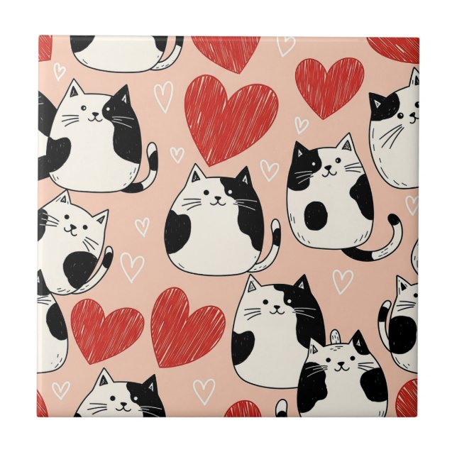 Sweet Pink Kawaii Cats & Hearts Pattern (6) Ceramic Tile (Front)