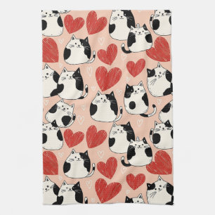 Sweet Pink Kawaii Cats & Hearts Pattern (6) Tea Towel