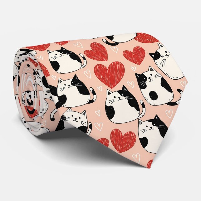 Sweet Pink Kawaii Cats & Hearts Pattern (6) Tie (Rolled)