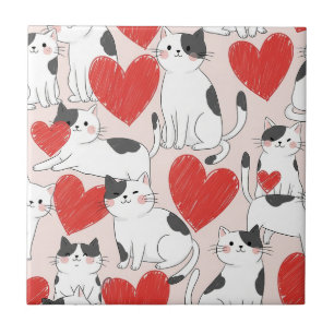 Sweet Pink Kawaii Cats & Hearts Pattern (7) Ceramic Tile