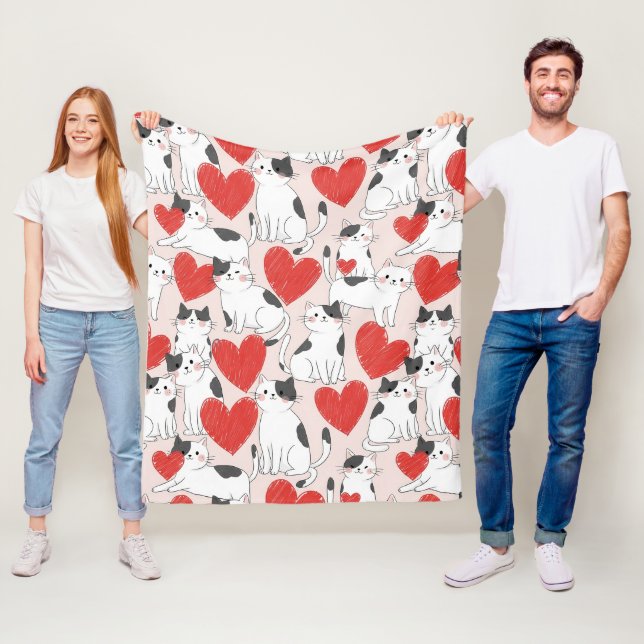 Sweet Pink Kawaii Cats & Hearts Pattern (7) Fleece Blanket (In Situ)