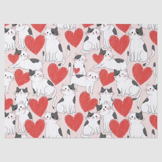 Sweet Pink Kawaii Cats & Hearts Pattern (7) Tissue Paper (Front)