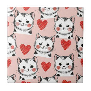 Sweet Pink Kawaii Cats & Hearts Pattern (8) Ceramic Tile