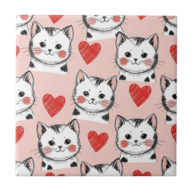 Sweet Pink Kawaii Cats & Hearts Pattern (8) Ceramic Tile (Front)