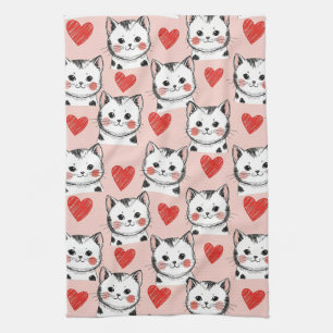 Sweet Pink Kawaii Cats & Hearts Pattern (8) Tea Towel