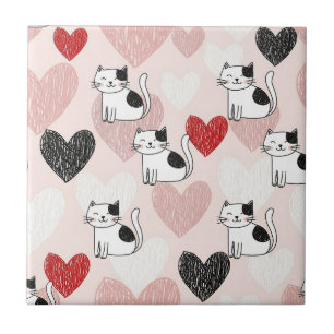 Sweet Pink Kawaii Cats & Hearts Pattern (9) Ceramic Tile