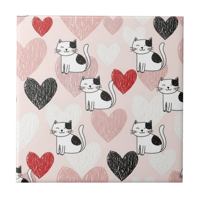 Sweet Pink Kawaii Cats & Hearts Pattern (9) Ceramic Tile (Front)