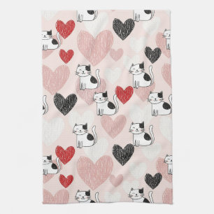 Sweet Pink Kawaii Cats & Hearts Pattern (9) Tea Towel