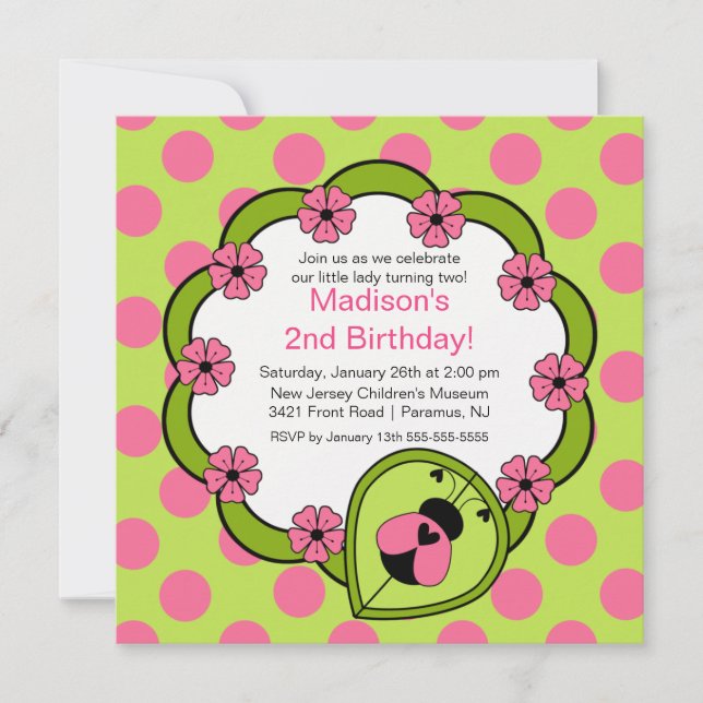 Sweet PINK Ladybugs Birthday Invitation (Front)