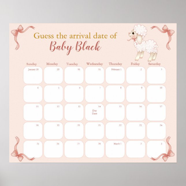 Sweet Pink Lamb Baby Shower Due Date Calendar Poster (Front)