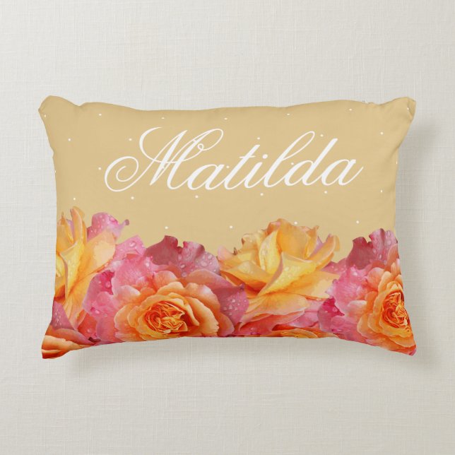 Sweet Pink Lemonade Roses & White Micro Dots Name Decorative Cushion (Front)