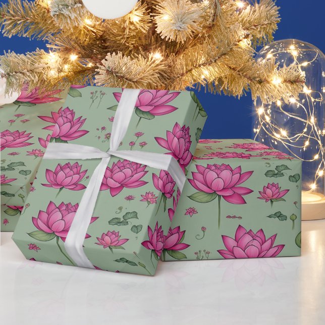 Sweet Pink Lotus Flower Botanical Greenery Wrapping Paper (Holidays)