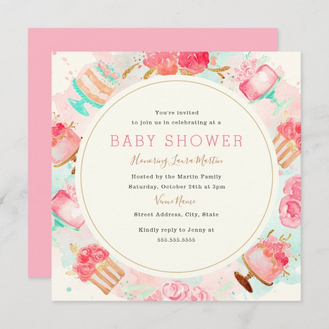 Sweet Pink Mint Cake Wreath Baby Shower Invitation (Front/Back)