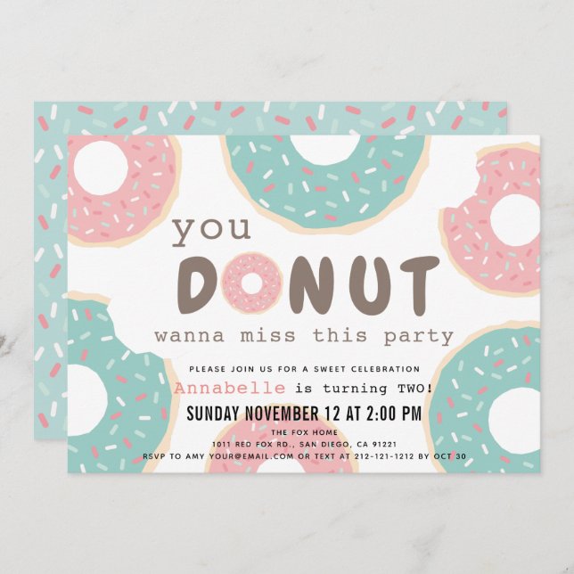 Sweet Pink & Mint Green Sprinkles Doughnut Birthda Invitation (Front/Back)