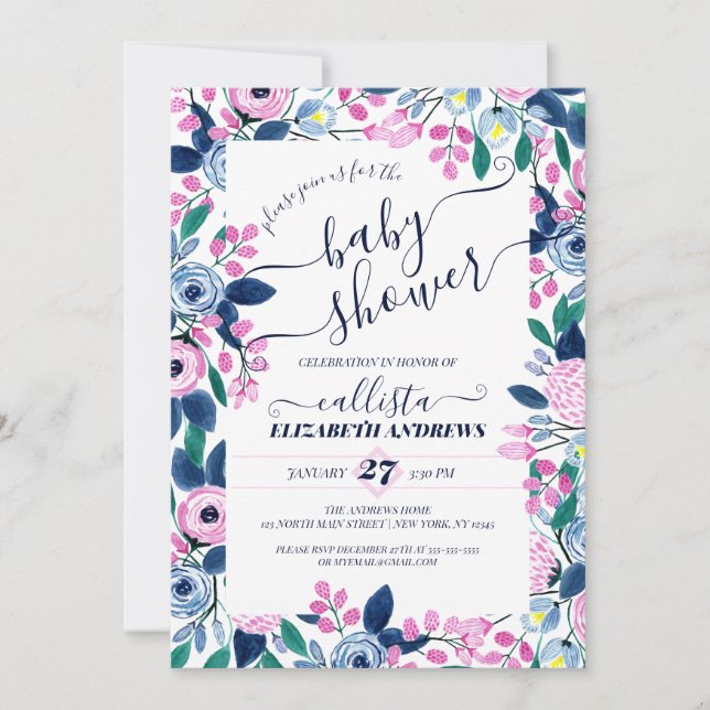 Sweet Pink Navy Flowers Watercolor Baby Shower Invitation (Front)