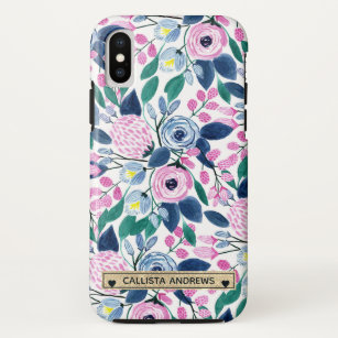 Sweet Pink Navy Flowers Watercolor Gold Monogram Case-Mate iPhone Case