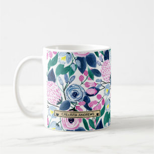 Sweet Pink Navy Flowers Watercolor Gold Monogram Coffee Mug