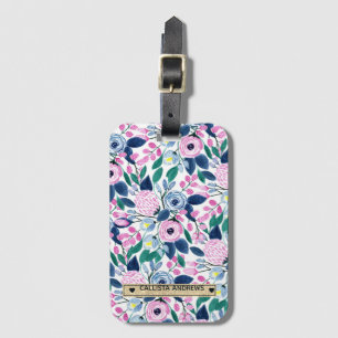 Sweet Pink Navy Flowers Watercolor Gold Monogram Luggage Tag