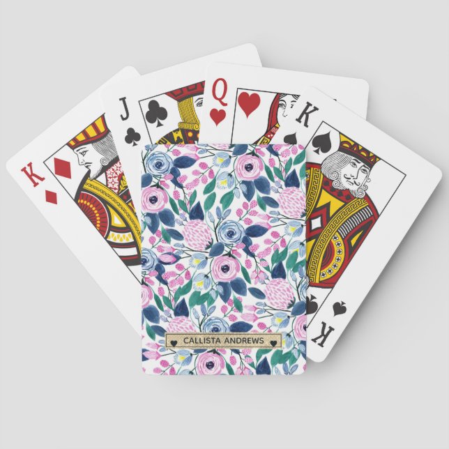 Sweet Pink Navy Flowers Watercolor Gold Monogram Playing Cards (Back)