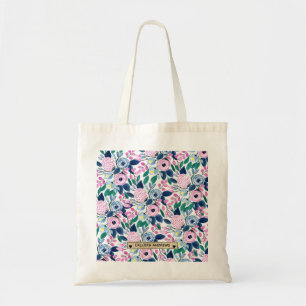 Sweet Pink Navy Flowers Watercolor Gold Monogram Tote Bag