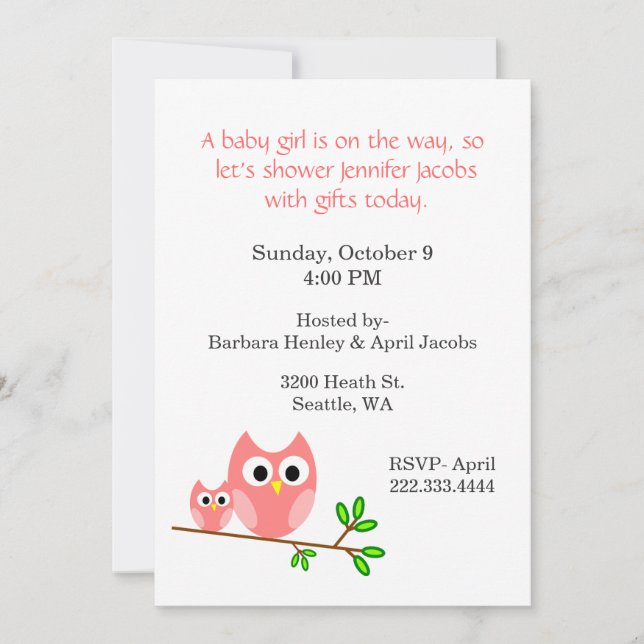 Sweet Pink Owls Baby Shower Invitation (Front)