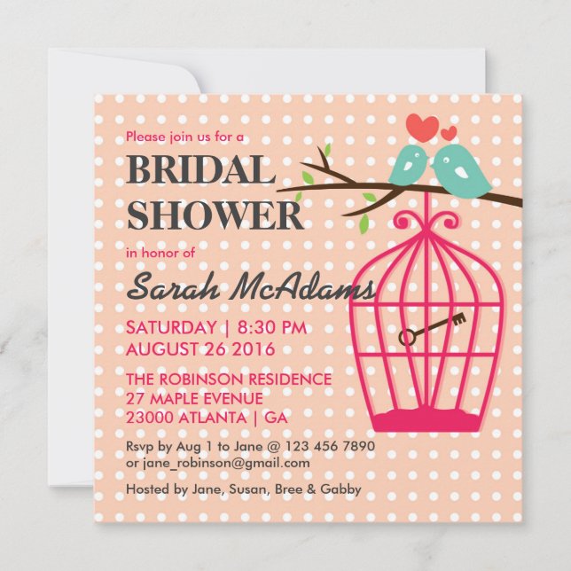 Sweet Pink Polka Dots Birdcage Lovebird Invitation (Front)