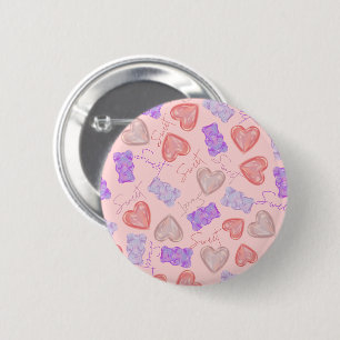 Sweet Pink Purple Teddy Bear & Heart Pattern 6 Cm Round Badge