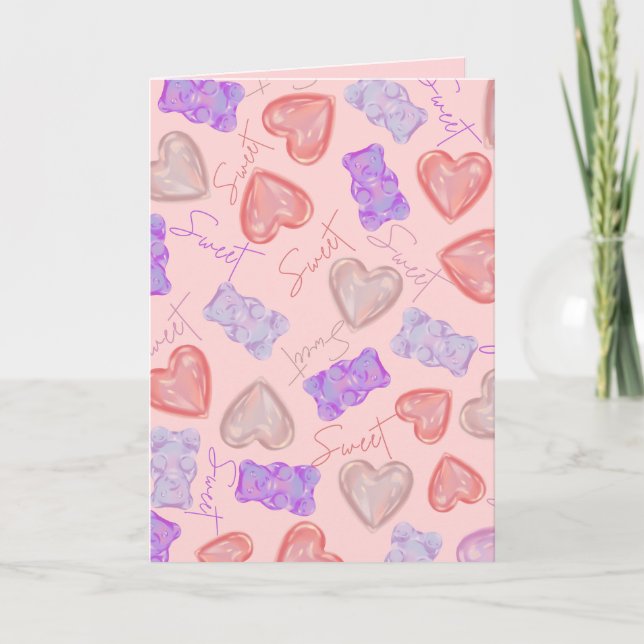 Sweet Pink Purple Teddy Bear & Heart Pattern Card (Front)