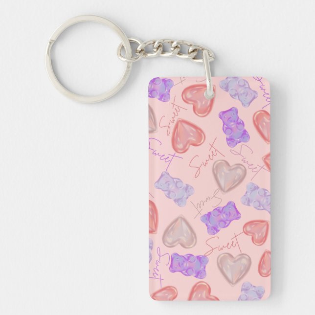 Sweet Pink Purple Teddy Bear & Heart Pattern Key Ring (Front)
