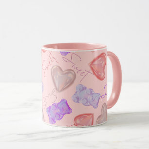 Sweet Pink Purple Teddy Bear & Heart Pattern Mug