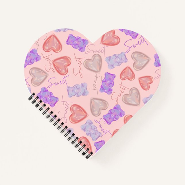 Sweet Pink Purple Teddy Bear & Heart Pattern Notebook (Front)