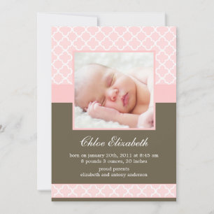 Sweet Pink Quatrefoil Girl Photo Birth Announcement