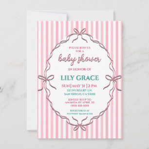 Sweet Pink Ribbon & Watercolor Stripes Baby Shower Card