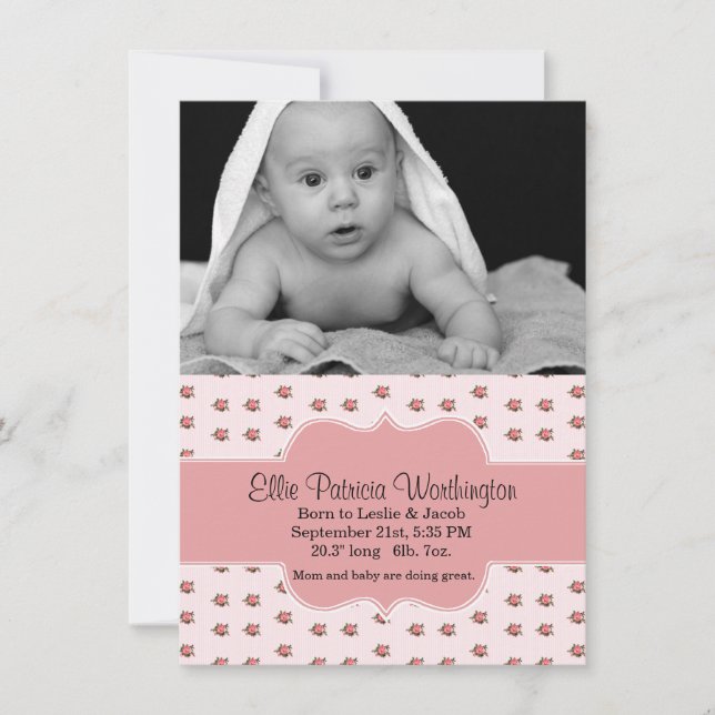 Sweet Pink Roses Baby Girl Birth Announcement (Front)