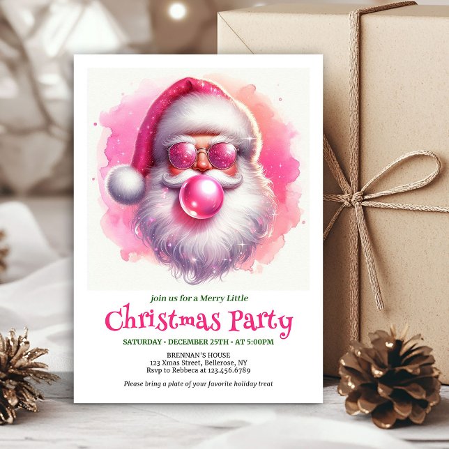 Sweet pink santa chewing gum watercolor Christmas Invitation (Sweet pink santa chewing gum watercolor Xmas invite)