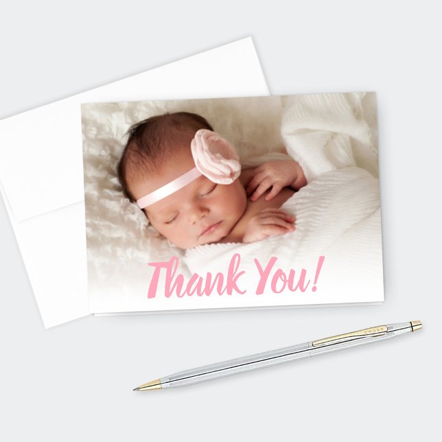 Sweet Pink Script Baby Girl Photo Thank You Card (Creator Uploaded)