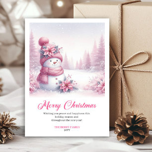 Sweet Pink Snowman Printable Festive Scene Greetin Holiday Card