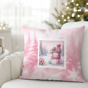 Sweet Pink Snowman Winter Scene Pillow Kids Gift
