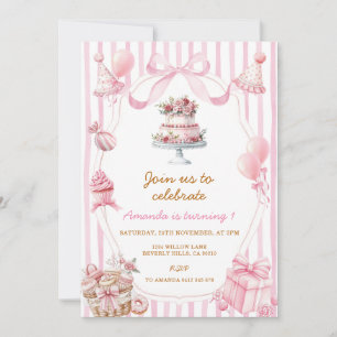 Sweet Pink Stripe Bow Girl Birthday Invitation