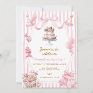 Sweet Pink Stripe Bow Girl Birthday Invitation