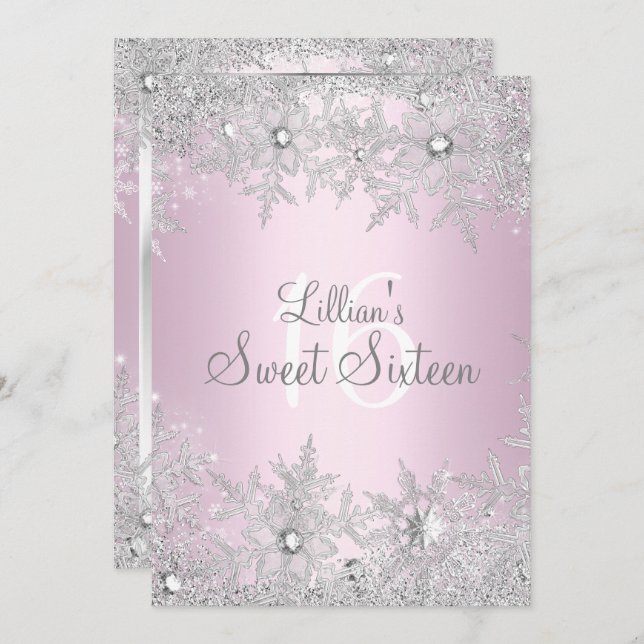 Sweet Pink Sweet 16 Snowflake Winter Wonderland Invitation (Front/Back)