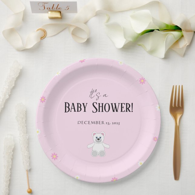 Sweet Pink Teddy Bear Baby Shower Party Paper Plate (Wedding)