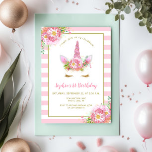 Sweet Pink Unicorn Face Girl's Birthday Party Invitation