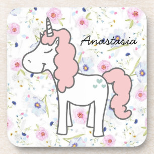 Sweet Pink Unicorn, Flowers and your name Coaster