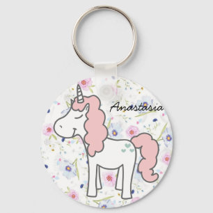 Sweet Pink Unicorn, Flowers and your name Key Ring