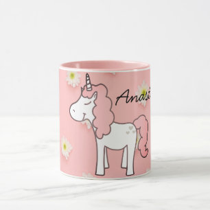 Sweet Pink Unicorn, Flowers and your name Mug