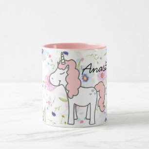 Sweet Pink Unicorn, Flowers and your name Mug