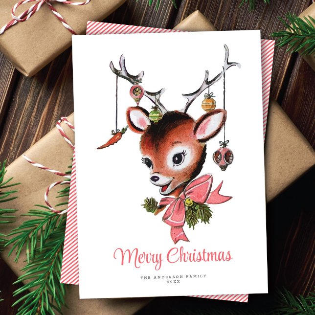 Sweet Pink Vintage Reindeer Non-Photo Holiday Card (Creator Uploaded)