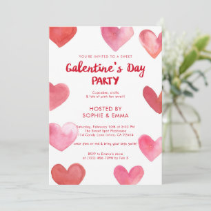 Sweet Pink Watercolor Hearts Galentine’s Day Party Invitation